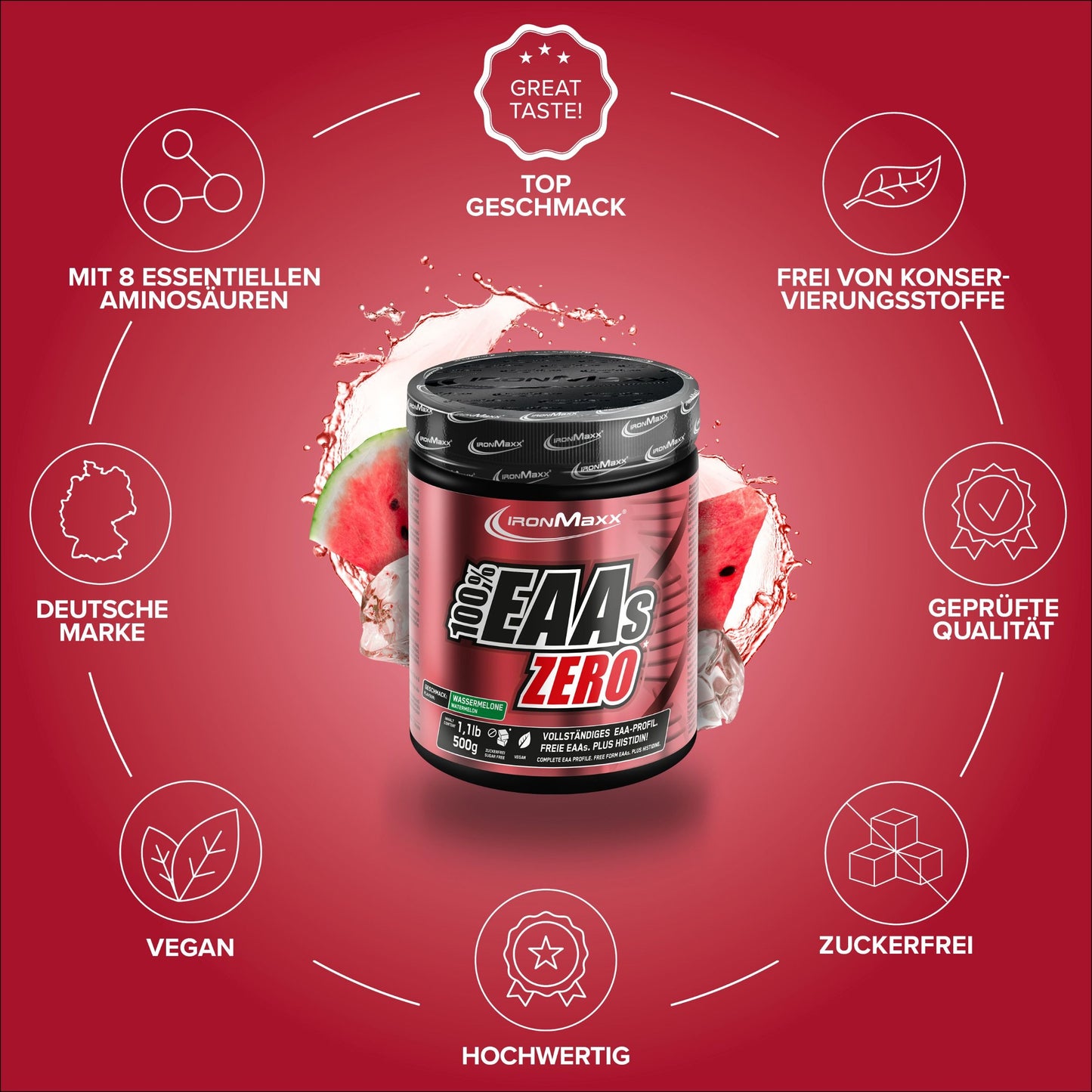 IronMaxx 100% EAAs Zero, Watermelon, 500g