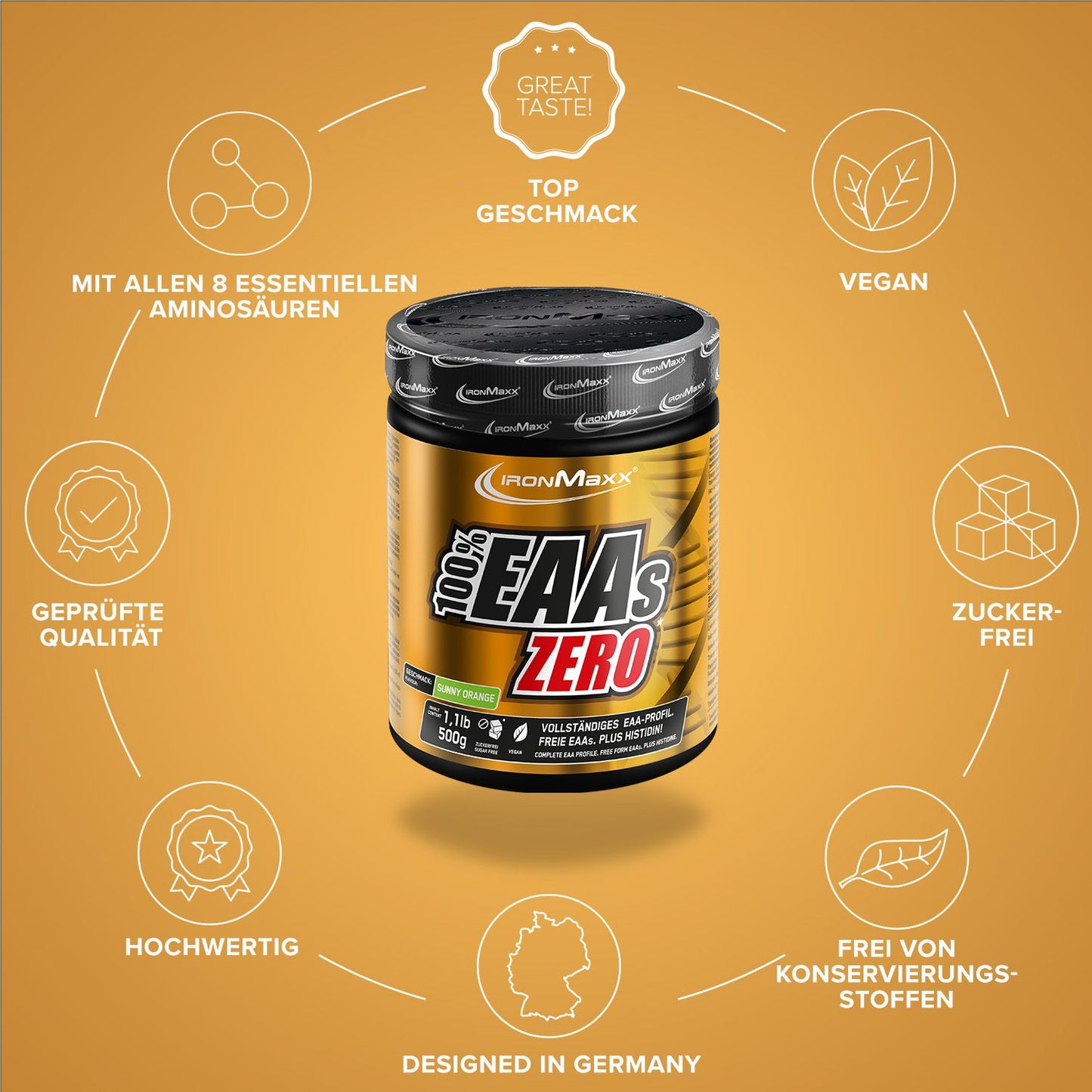IronMaxx 100% EAAs Zero, Sunny Orange, 500g