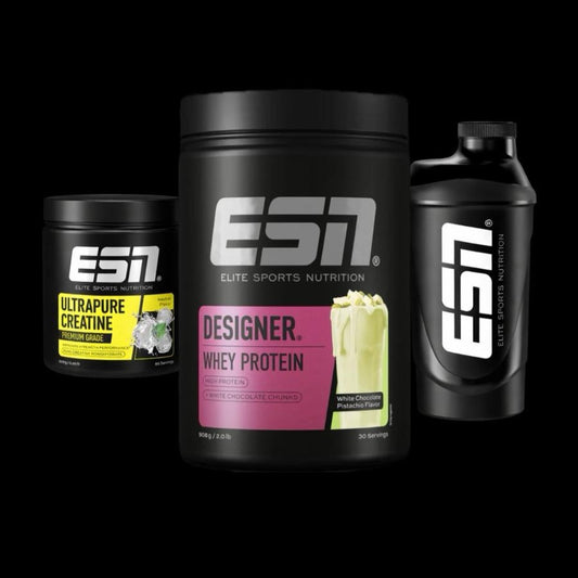 ESN Starter Bundle [Sorte: White Chocolate Pistachio]: Desinger Whey, Ultrapure Kreatin und Shaker