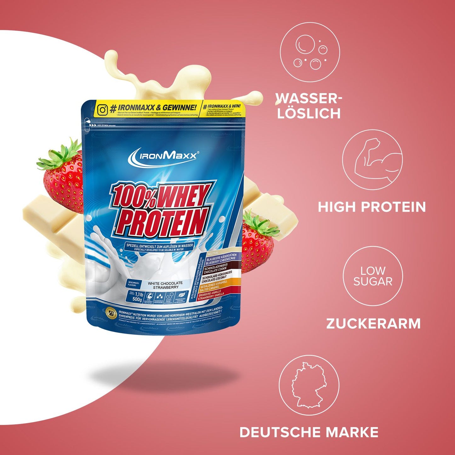 IronMaxx Whey Protein, White Choclate Strawberry, 500g