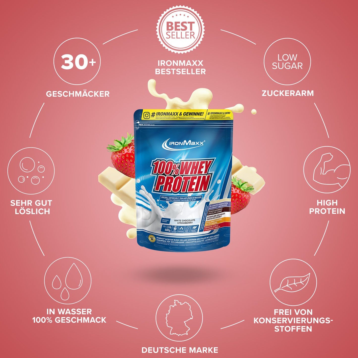 IronMaxx Whey Protein, White Choclate Strawberry, 500g